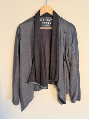 Blank NYC Charcoal Gray Draped Open Front Jacket with Faux Leather Sleeves